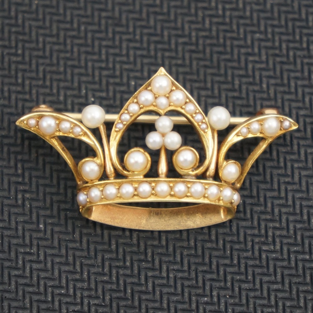 Antique Crown Brooch 14k Yellow‎ Gold Seed Pearl Vintage Excellent 4g 1.125"